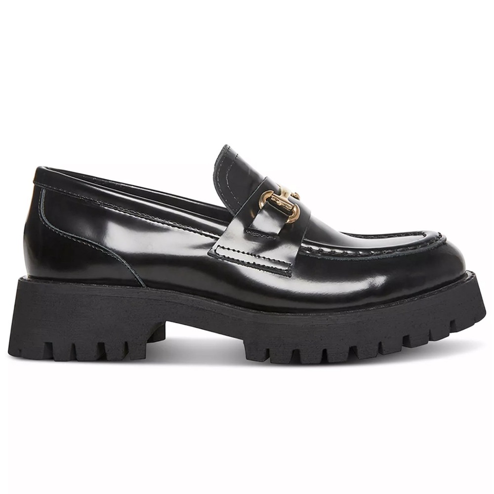 Steve Madden Women's Lando Tailored Lug Sole Bit Black & Gold Loafers Size 8.5